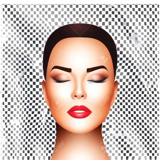 Vector illustration of realistic beautiful nice woman face witn closed eyes, light skin on on transparent background isolated. Photorealistic style.