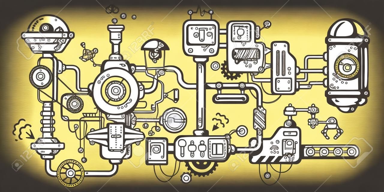 Vector industrial illustration background of the operating mechanism. Complicated mechanism at work. Line Art