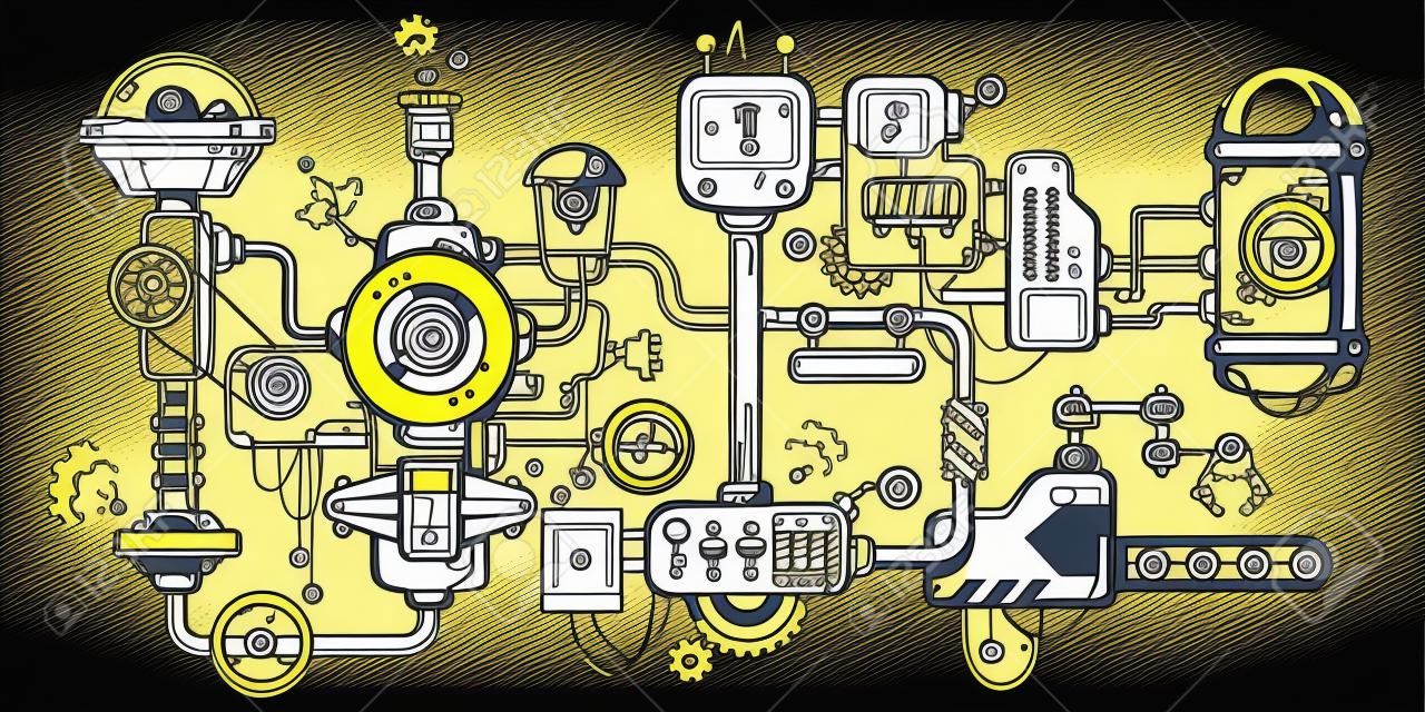 Vector illustration sfondo industriale del meccanismo di funzionamento. Complicato meccanismo sul posto di lavoro. Linea Art