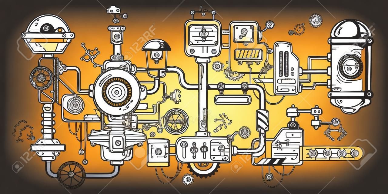 Vector illustration sfondo industriale del meccanismo di funzionamento. Complicato meccanismo sul posto di lavoro. Linea Art