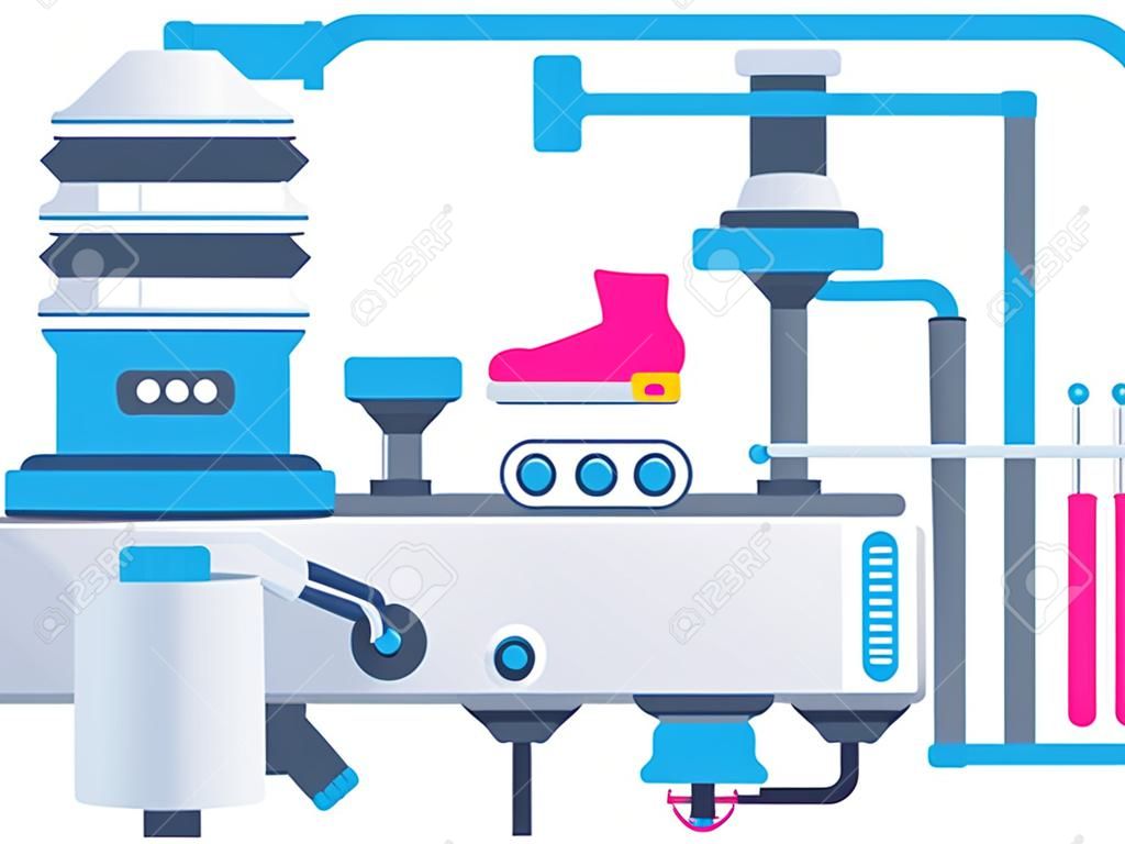 Vector industrial illustration background of the factory for measurement of the parameters sneakers. Color bright flat design for banner, web, site, advertising, print, poster.