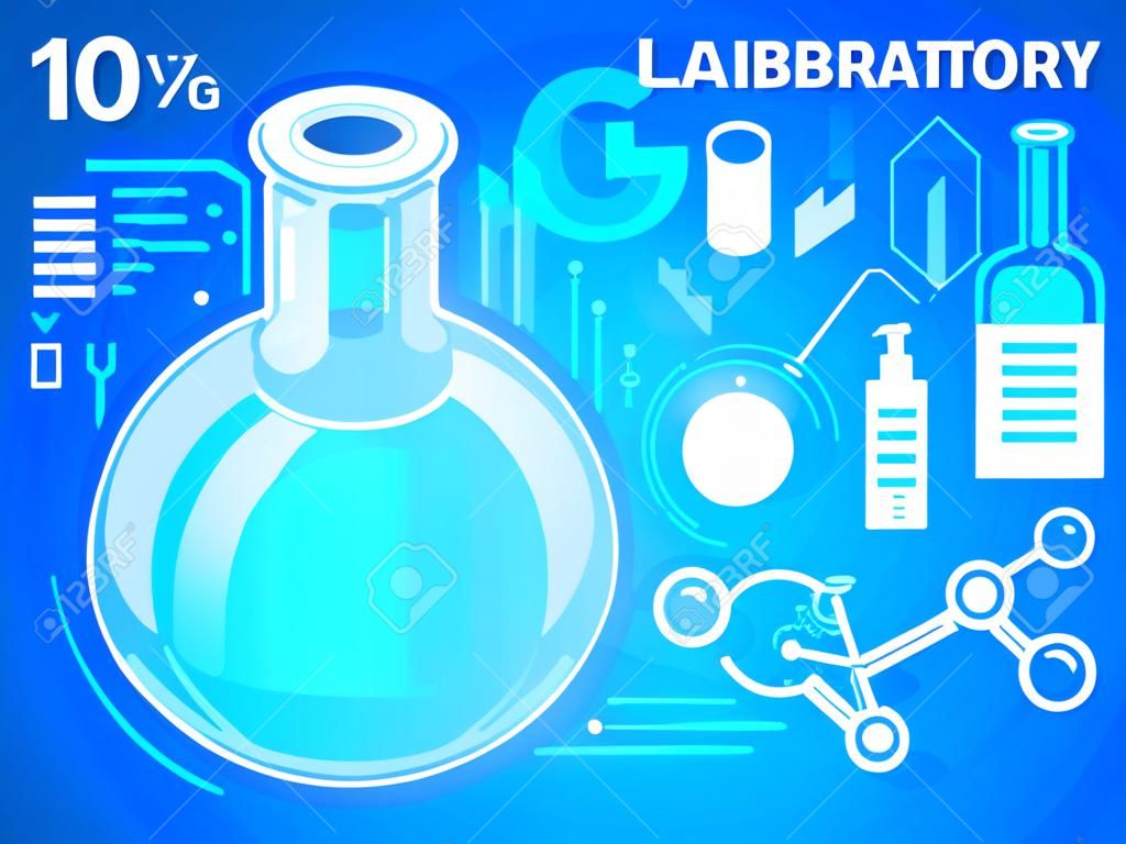 Vector bright illustration laboratory research on blue background for banner, web, site, design, advertising, print, poster. Eps 10.