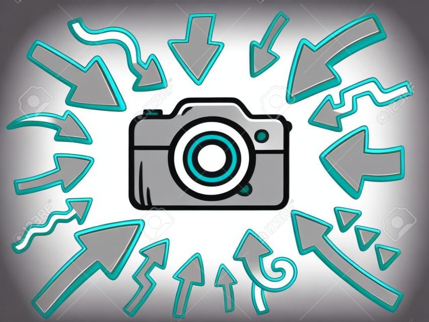 Vector illustration of arrows point to icon of photo camera on gray background. Line art design for web, site, advertising, banner, poster, board and print.