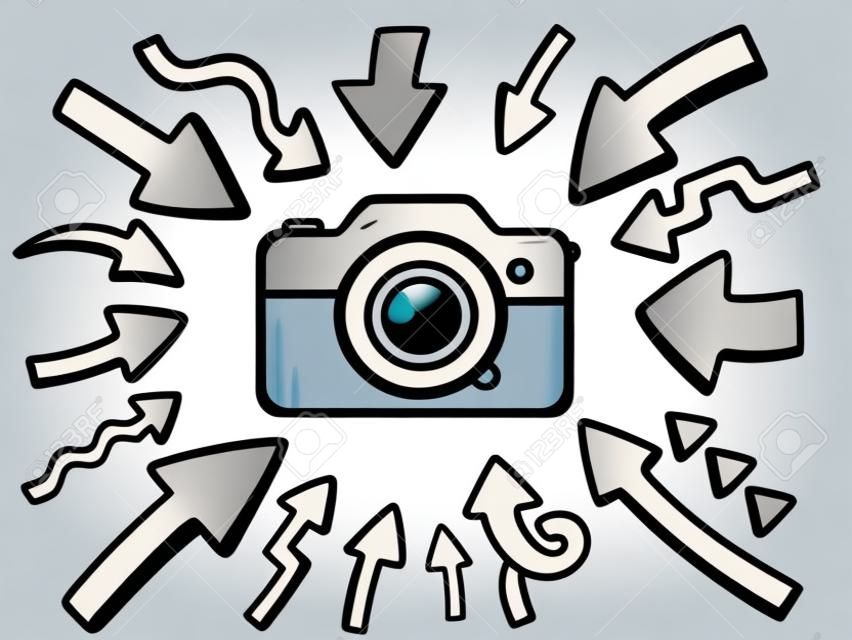 Ilustración vectorial de flechas apuntan a icono de la cámara de fotos en fondo gris. El diseño del arte de línea para la web, sitio, publicidad, bandera, cartel, bordo y de impresión.