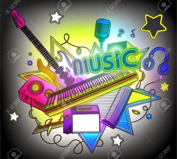 Vector illustration of colored set of musical instruments on a light background with stars. Hand draw line art design for web, site, advertising, banner, poster, board and print.