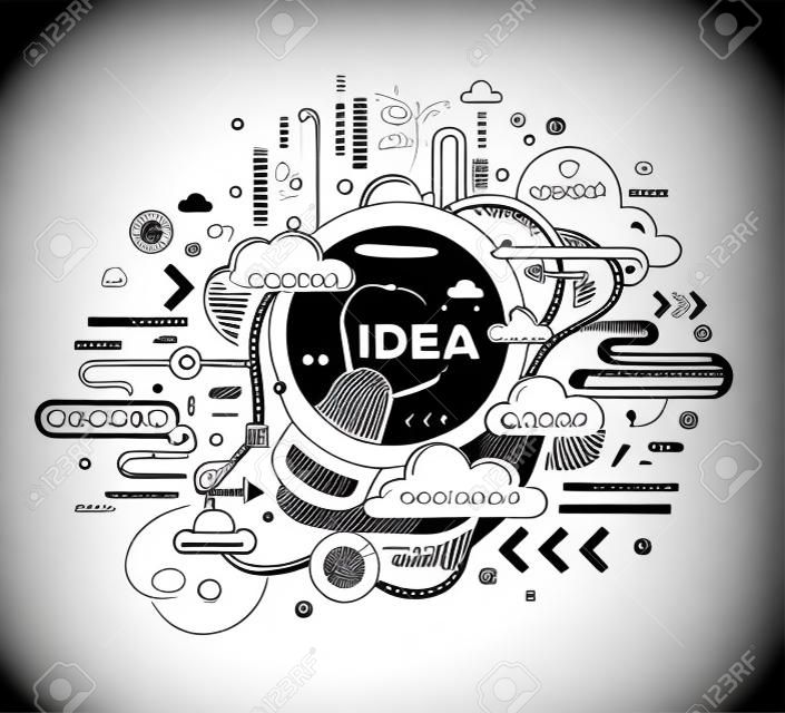 Vector creative illustration of creative idea with light bulb and tag cloud on white background. Idea technology concept. Hand draw thin line art style monochrome design with light bulb for create idea and brainstorm theme