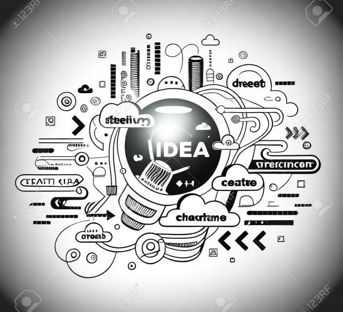 Vector creative illustration of creative idea with light bulb and tag cloud on white background. Idea technology concept. Hand draw thin line art style monochrome design with light bulb for create idea and brainstorm theme
