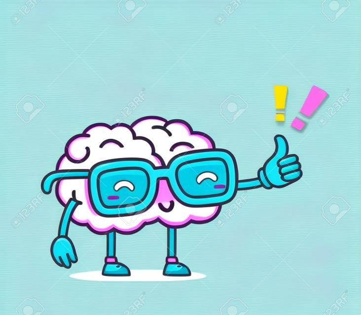 復古色彩柔和的矢量插圖粉紅色的微笑與大腦眼鏡，拇指向上的藍色背景。創意卡通腦的概念。塗鴉風格。字符的大腦攻關，科技，培訓，教育的主題細線藝術扁平化設計