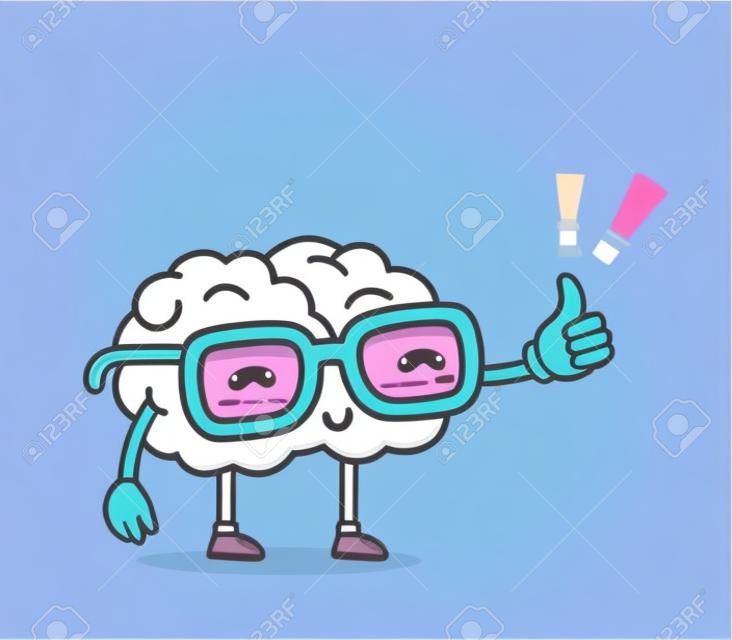 Vector illustration of retro pastel color smile pink brain with glasses and thumb up on blue background. Creative cartoon brain concept. Doodle style. Thin line art flat design of character brain for brainstorm, science, training, education theme