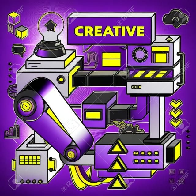 Vector illustration of three dimensional black and white mechanism to develop creative ideas on purple with yellow background. 3d line art style design for business web, site, banner, poster, print