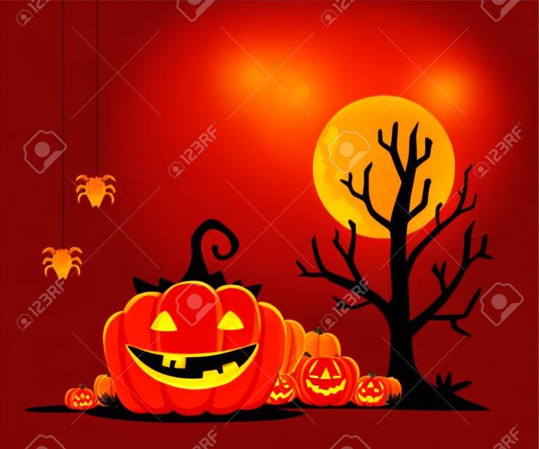 Vector halloween illustration of decorative orange pumpkin with eyes, smile, teeth, spiders, tree, moon on night background. Flat style design for halloween greeting card, poster, web, site, banner.