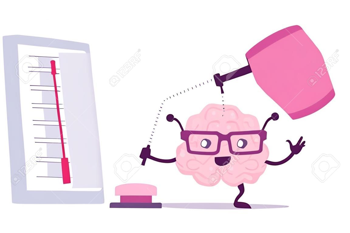 Un'illustrazione di vettore del cervello umano di colore rosa con i vetri colpisce con un martello per misurare il livello di QI su fondo bianco. Concetto di cervello dei cartoni animati molto forte. Stile Doodle. Design in stile piatto di carattere cervello per l'allenamento, tema di educazione
