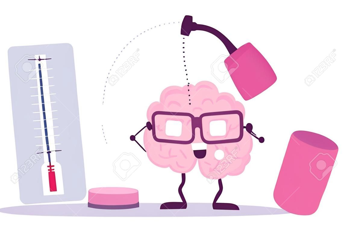 Uma ilustração vetorial do cérebro humano de cor rosa com óculos bate com um martelo para medir o nível de QI no fundo branco. Conceito de cérebro de desenho animado muito forte. Estilo Doodle. Design de estilo plano do cérebro do personagem para treinamento, tema de educação