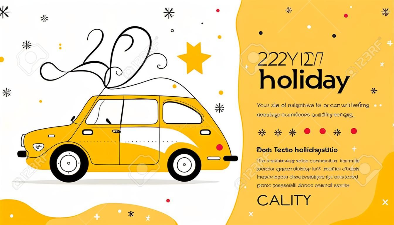 Modello di vacanza creativa vettoriale con illustrazione di auto vista laterale di colore giallo con fiocco e testo su sfondo bianco. Design in stile piatto per web, sito, banner, card