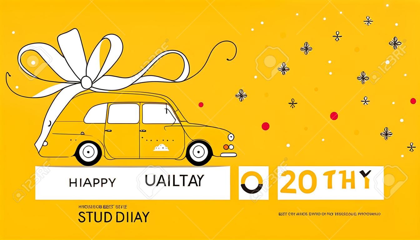 Szablon wakacje wektor kreatywnych z ilustracji żółty kolor widok z boku samochodu z kokardą i tekst na białym tle. Płaski projekt dla sieci, witryny, banera, karty