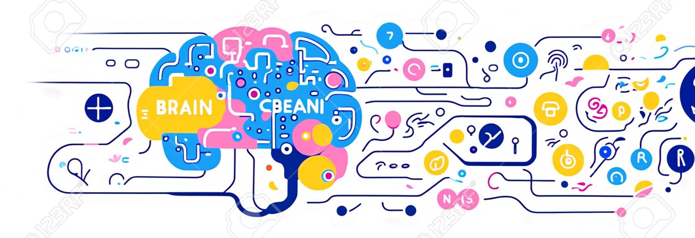 Vector creative illustration of human brain with icon and tag word on white background. Left and right cerebral hemisphere creative and analytical. Flat line art style brain design for education banner, print