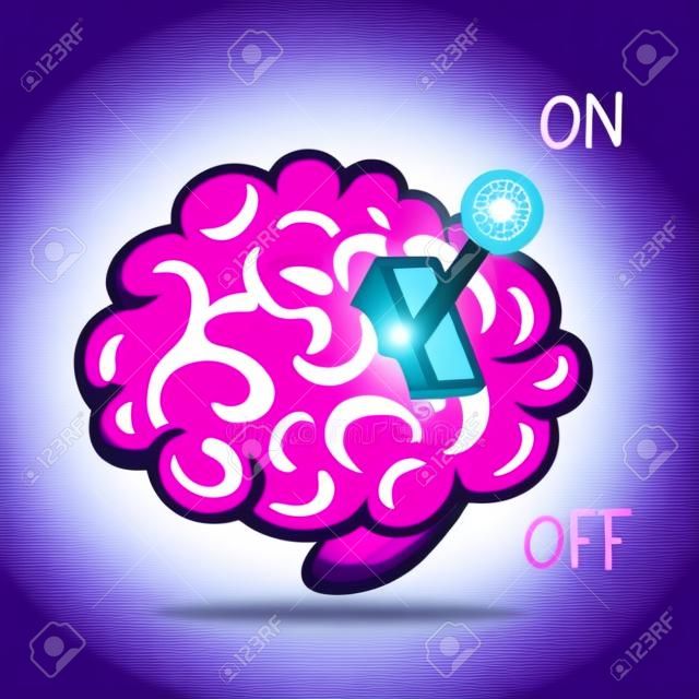 어두운 배경에 기어 레버가 있는 분홍색 스마트 인간 두뇌의 벡터 창의적인 아이디어 그림. 웹, 사이트, 배너, 포스터에 대 한 두뇌의 평면 스타일 에너지 교육 개념 디자인