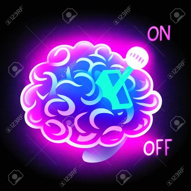 Ilustración de idea creativa vectorial del cerebro humano inteligente rosa con palanca de cambios sobre fondo oscuro. Diseño de concepto de educación energética de estilo plano del cerebro para web, sitio, pancarta, póster