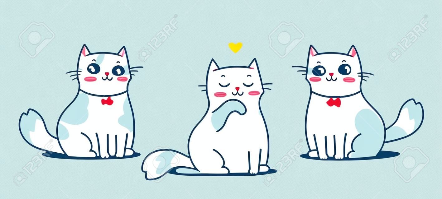 Vektorillustration des glücklichen Katzencharakters auf hellem Farbhintergrund. flache linie kunststil romantisches design des sitzens und der reinigung niedlicher tierkatzen für web, grußkarte, banner