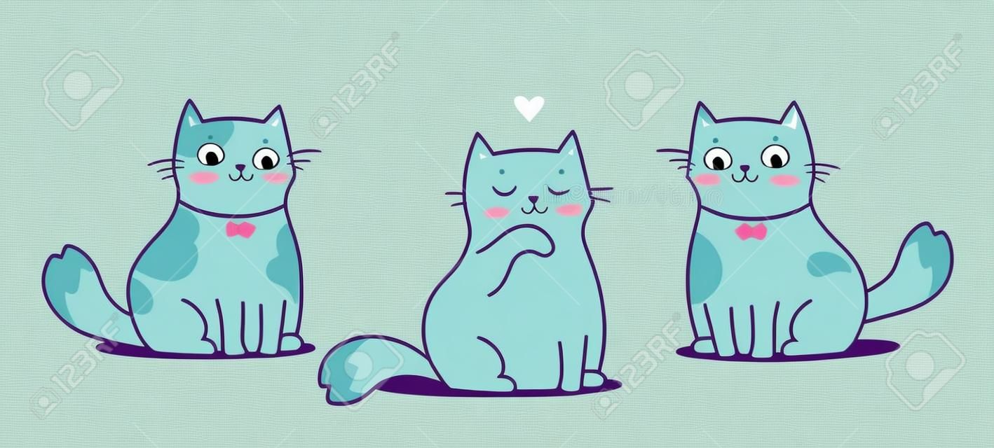Vector illustration of happy cat character on light color background. Flat line art style romantic design of sitting and cleaning cute animal cat for web, greeting card, banner