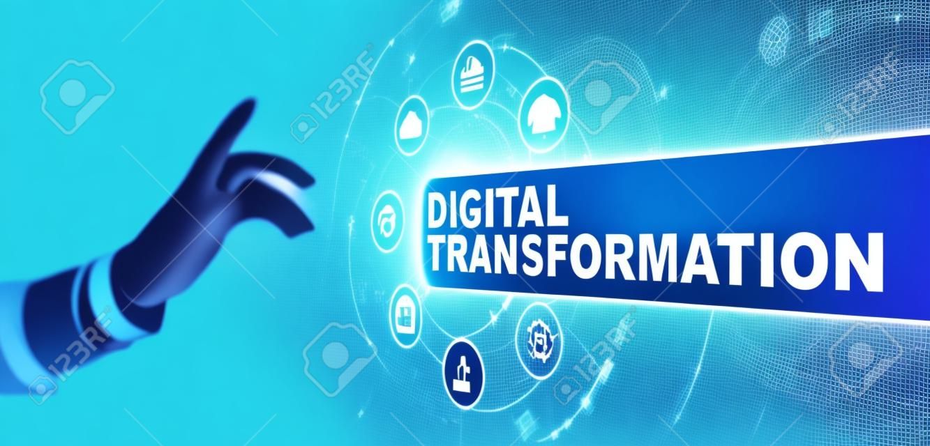 Digital transformation digitalization disruption innovation technology process automation internet concept. Pressing button on virtual screen.