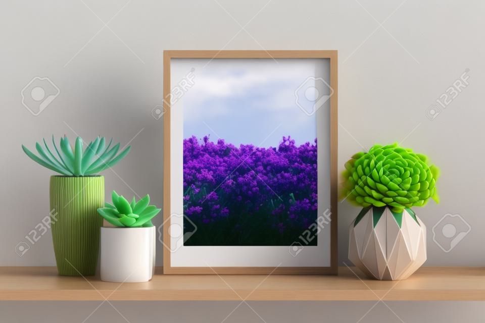 Flower and succulent pot plant with picture frame mockup, 3D rendering