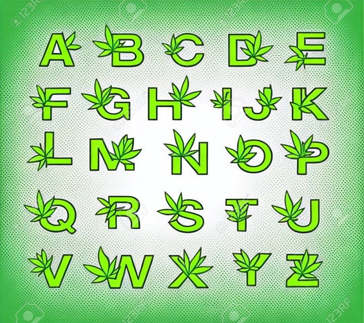 design del carattere da a b c a z marijuana medica, logo foglia verde cannabis. illustrazione vettoriale. - Vettore
