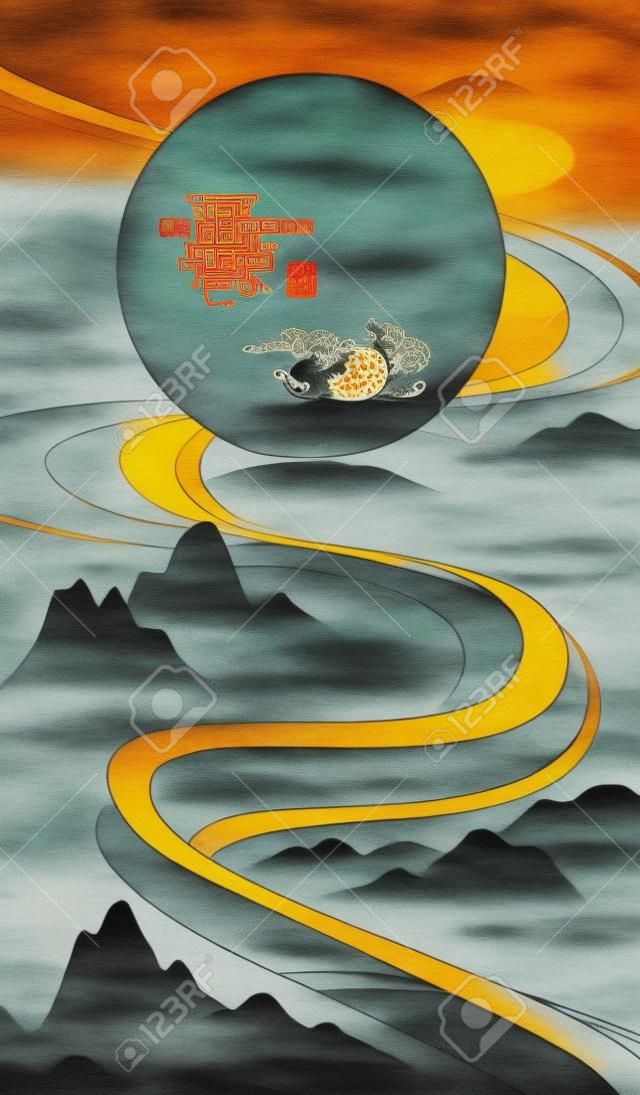 중추절 보름달과 추상적인 아시아 장식에 대한 옥토끼 삽화. 중국어 번역: 중추절.