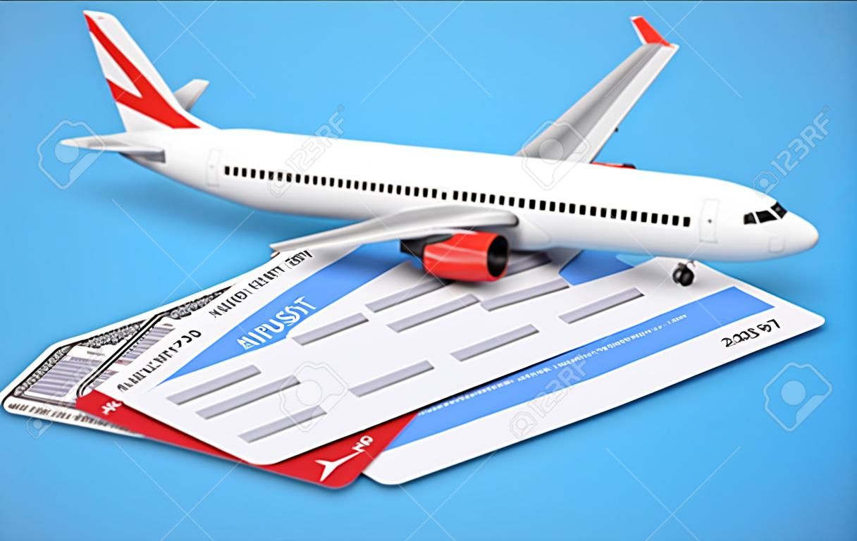 3d illustratie van twee luchtvaartmaatschappij, vliegtickets met vliegtuig, vliegtuig op de blauwe achtergrond