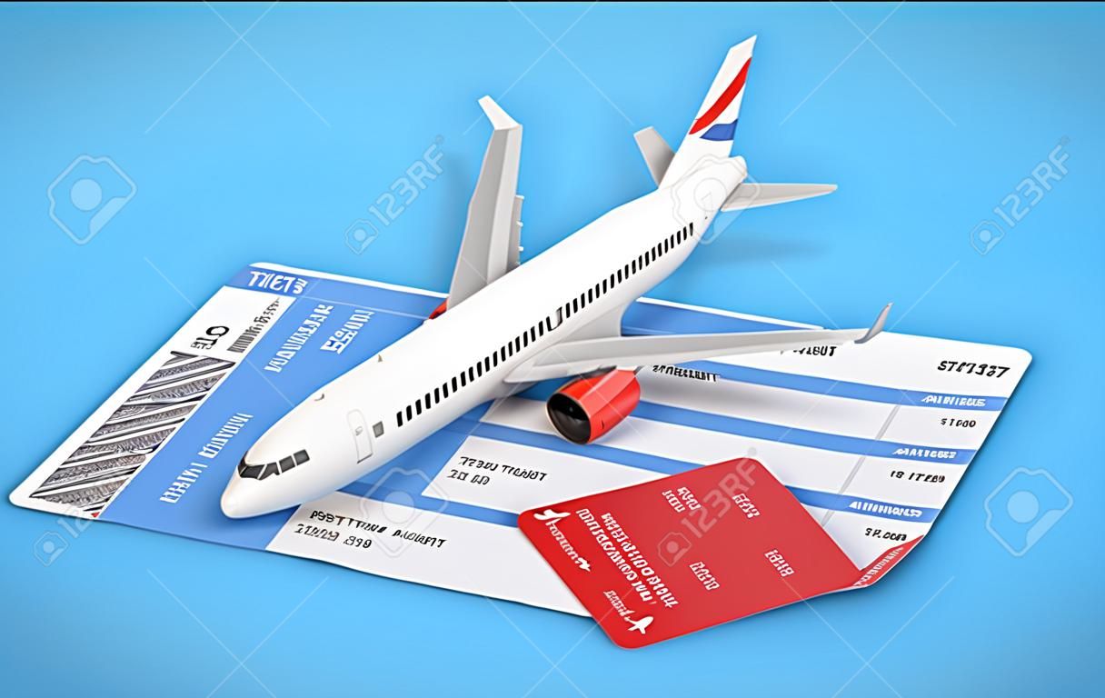 3d illustration of two airline, air flight tickets with airplane, airliner on the blue background