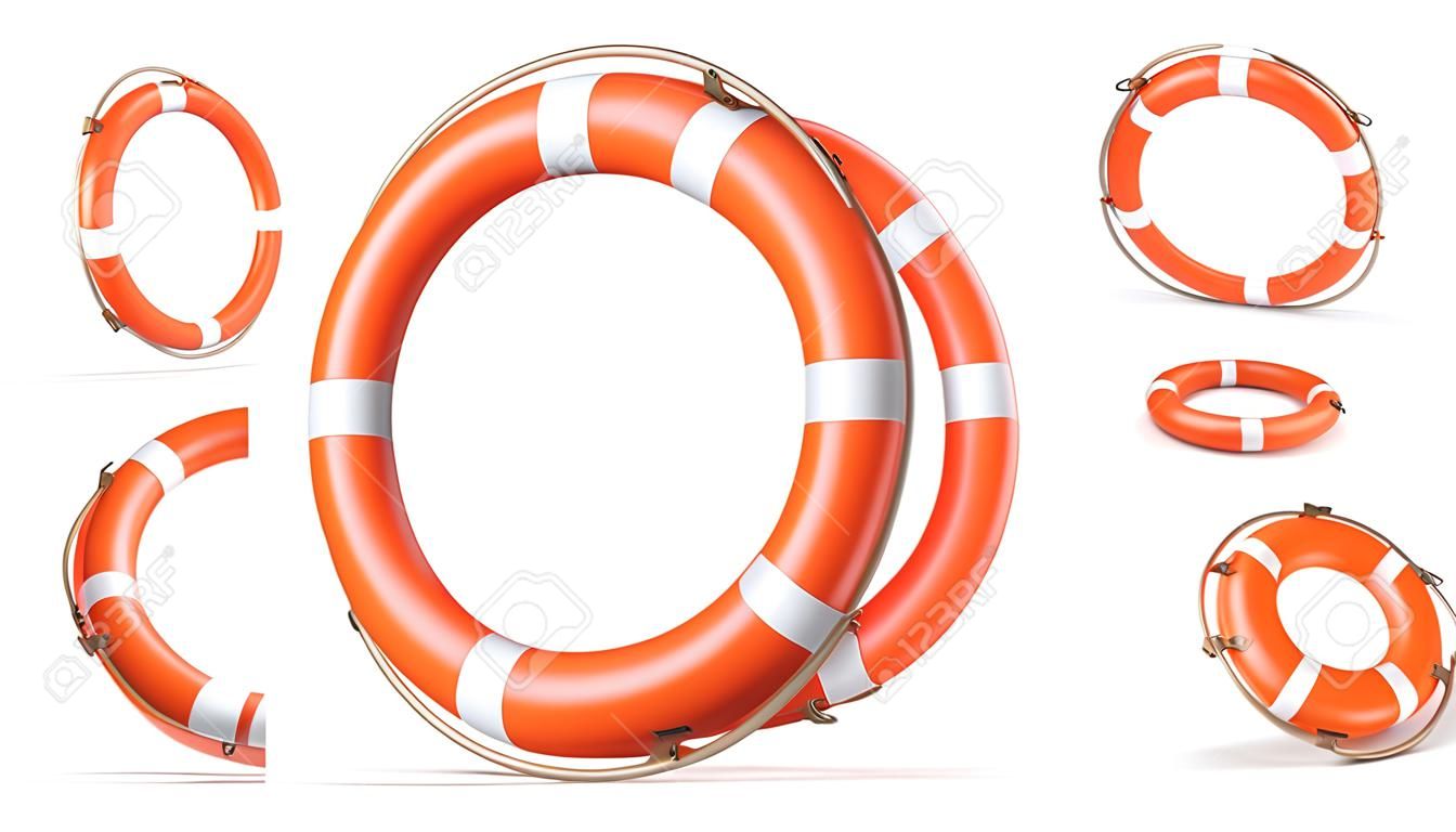 Lifebuoy, 그림자와 흰 배경에 고립의 위쪽, 측면 및 전망보기. 3 차원 렌더링 3 오렌지 생활 반지 부 표 집합