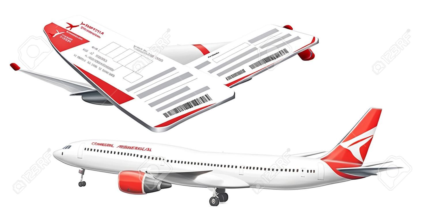 Avião comercial, avião com dois cartões de embarque. Avião de passageiros com uma asa vermelha da cauda. Renderização 3D isolada no fundo branco
