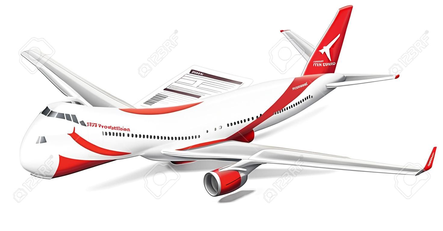 Avião comercial, avião com dois cartões de embarque. Avião de passageiros com uma asa vermelha da cauda. Renderização 3D isolada no fundo branco