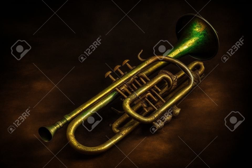 Vieja trompeta de pátina revestida sobre una mesa oscura. Un instrumento musical no comestible. fondo oscuro