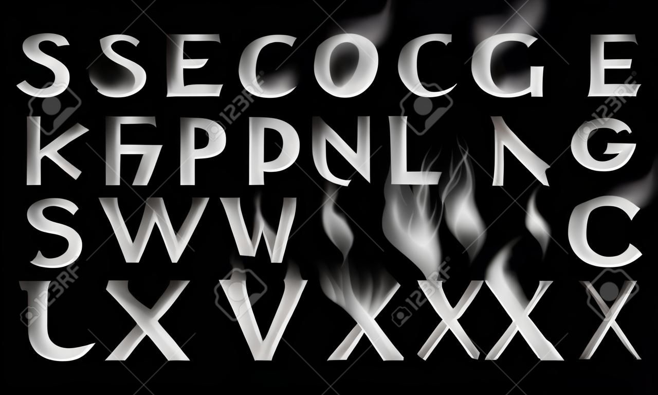 Smoke font collection. Fog and clouds font. Gas font. Dark smoke letter.