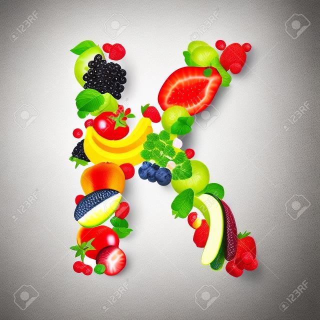 Letter K made of different fruits and berries, fruit font isolated on white background with clipping path, healthy alphabet
