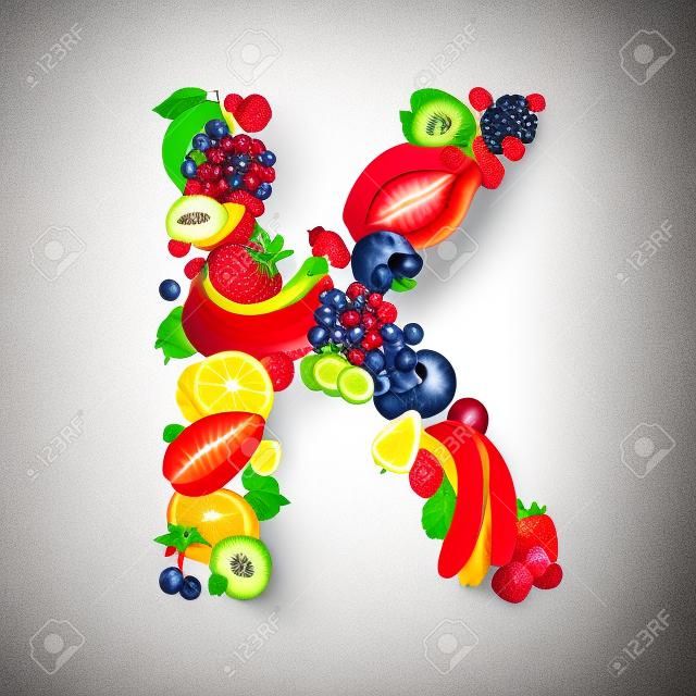 Letter K made of different fruits and berries, fruit font isolated on white background with clipping path, healthy alphabet