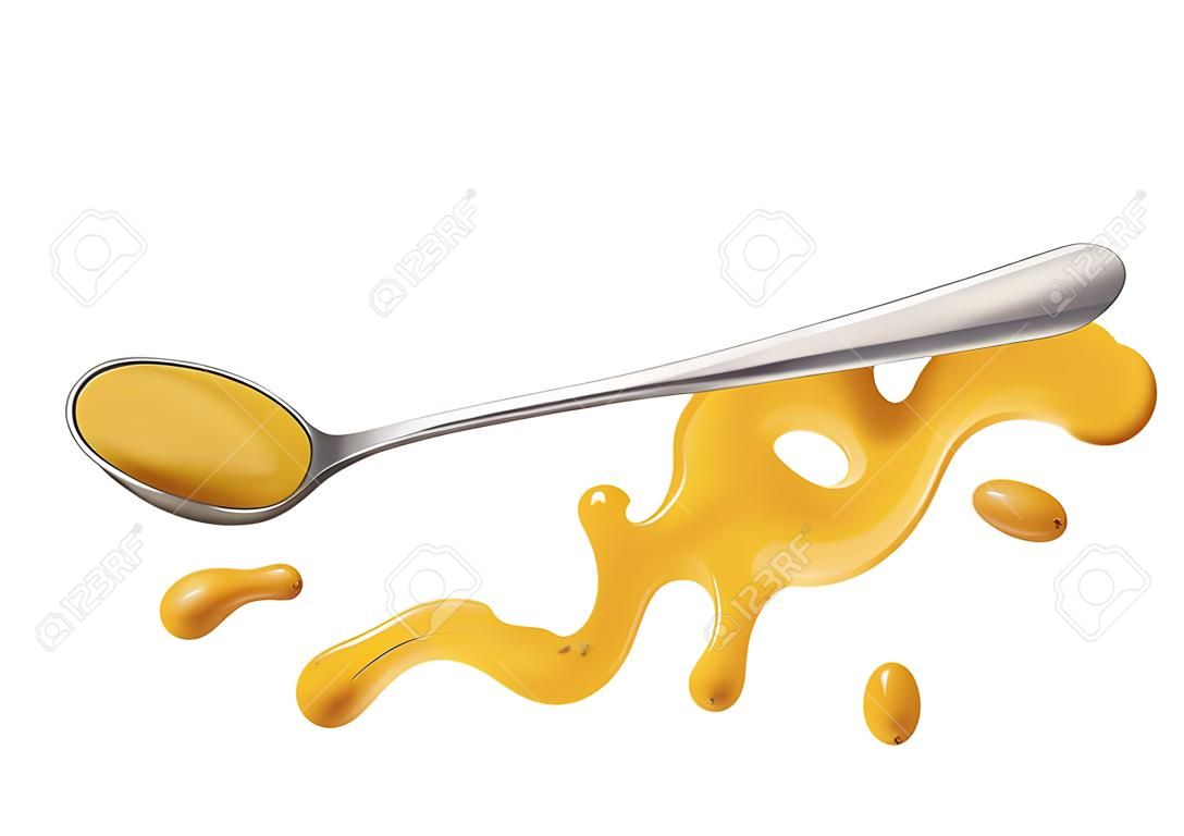 Mustard sauce, honey salad dressing with spoon isolated on white background, top view
