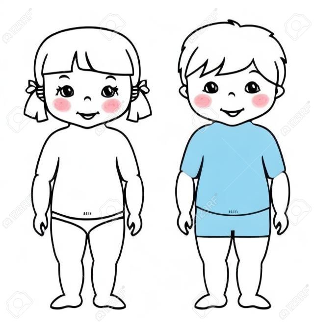 Kleurplaat met schattig baby jongen en meisje, kleine kinderen, geïsoleerd op wit, vector illustratie