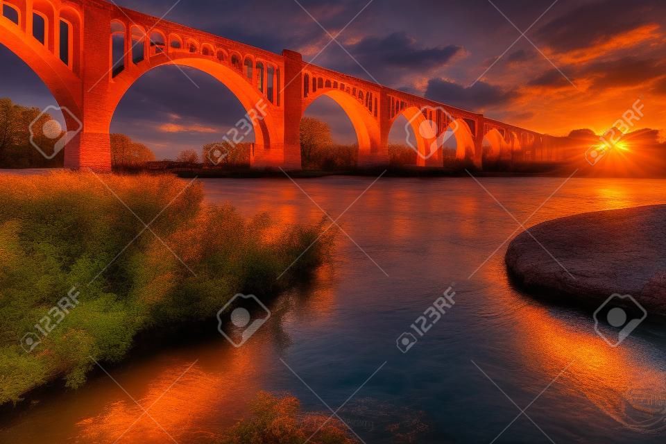 The graceful arches of a railroad bridge spanning the James River in Virginia are illuminated by the setting sun.