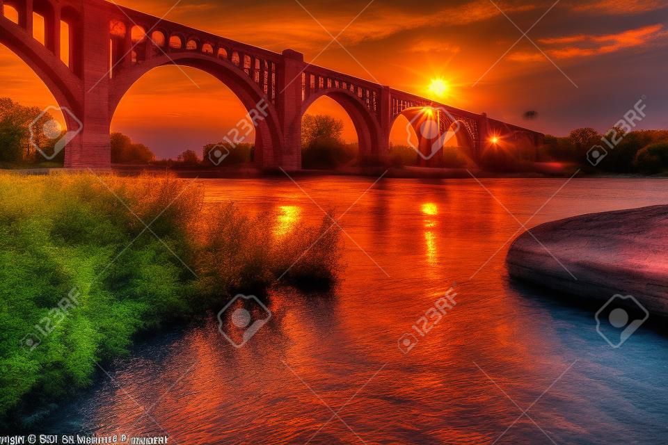 The graceful arches of a railroad bridge spanning the James River in Virginia are illuminated by the setting sun.