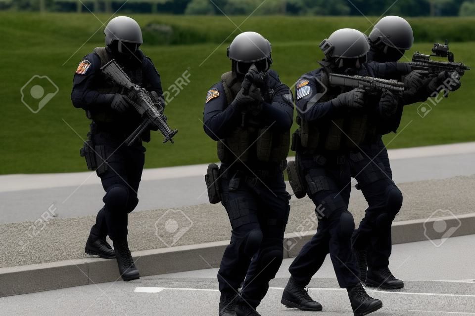Special forces tactical team of four in action, unmarked and unrecognizable swat team