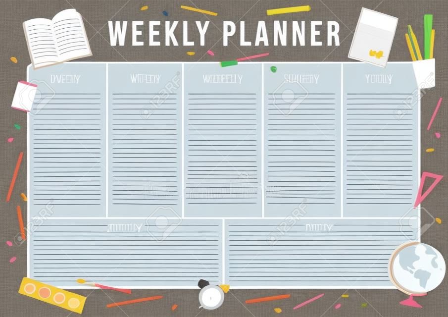 Cute weekly planner with hand drawn school elements. Template with place for notes. Vector illustration for print, office, school.