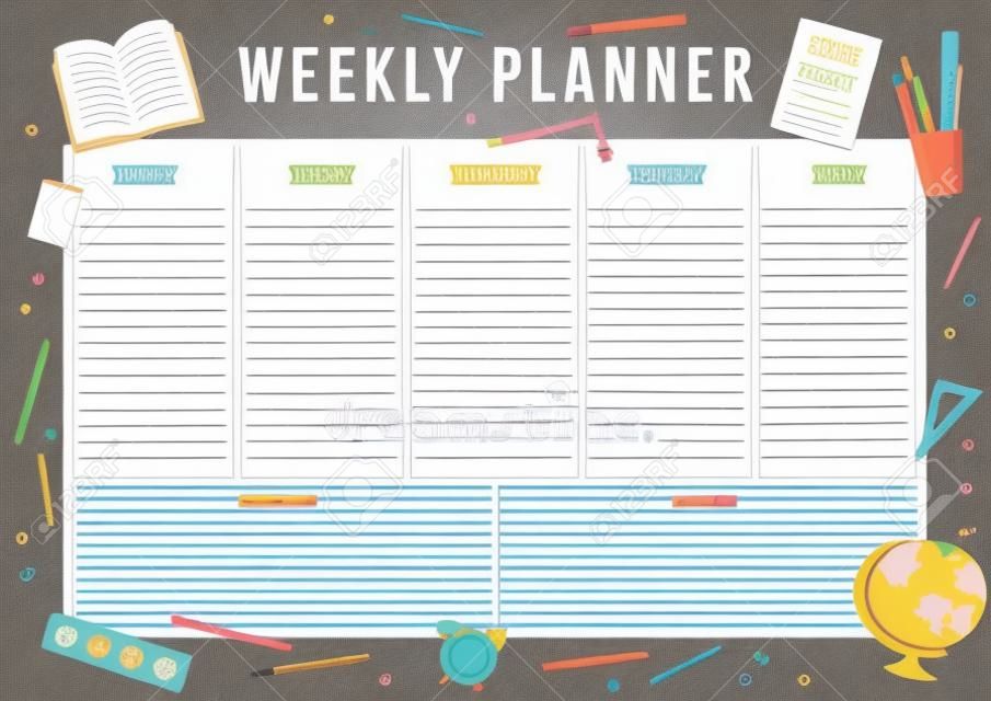 Cute weekly planner with hand drawn school elements. Template with place for notes. Vector illustration for print, office, school.