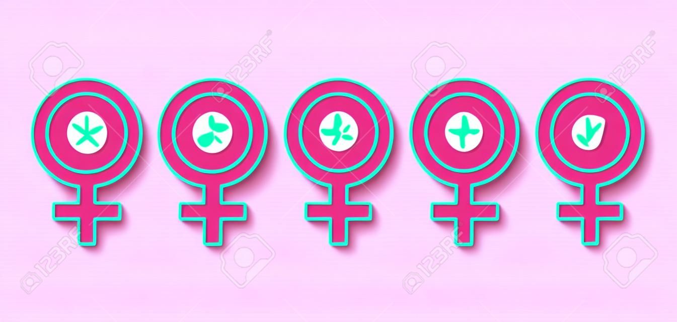 Set of gynecology icon with filled blood in pink color. Start and finish period. Concept of menstruation period, pregnancy or menopause. Vector illustration in flat style
