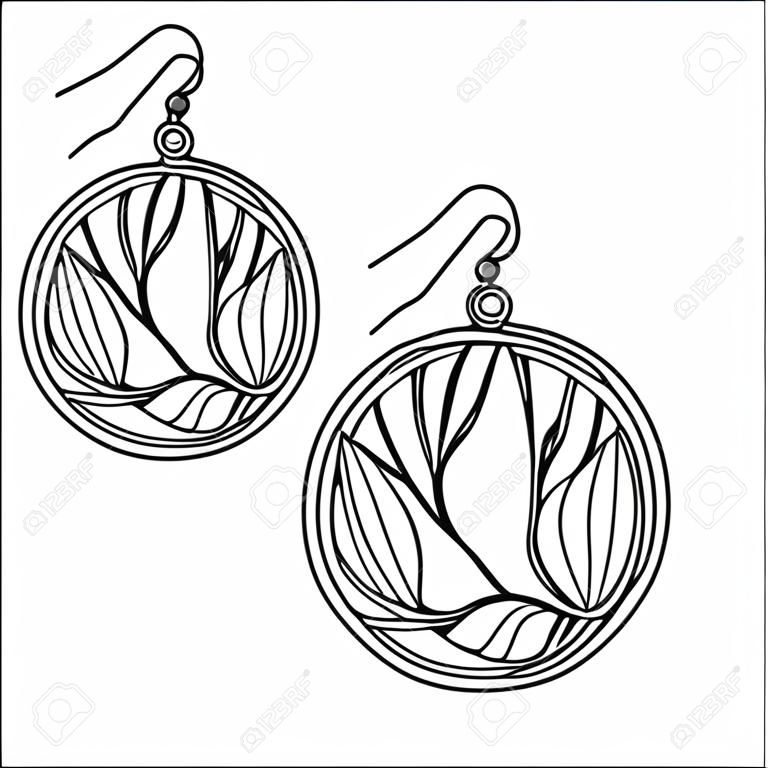 Jewelry Earrings Fashion Black and White Outline Coloring page. Simple line art. Doodle earrings. Women accessories.