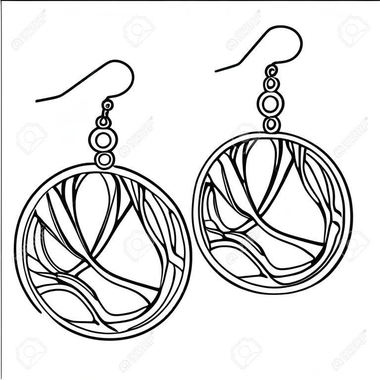 Jewelry Earrings Fashion Black and White Outline Coloring page. Simple line art. Doodle earrings. Women accessories.