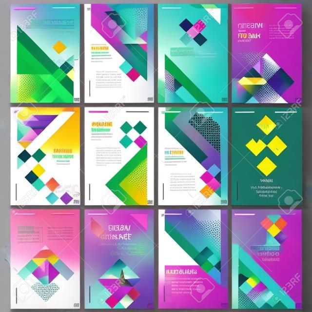 Modelli di brochure creative con cubi colorati, sfondo astratto geometrico alla moda. Copre modelli di design per volantini, volantini, brochure, report, presentazioni, pubblicità, riviste.
