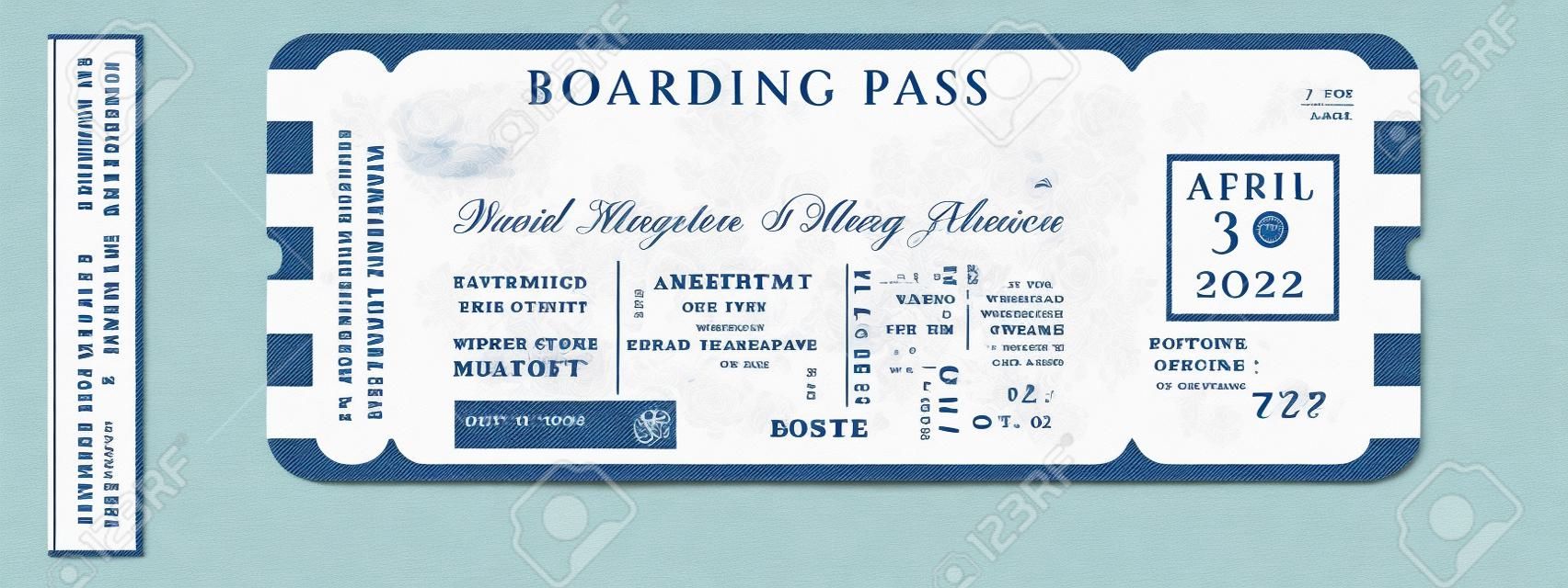 Nautische bruiloft Uitnodiging Vector Set.Boat Boarding Pass ticket sjabloon.Sailor thema in klassieke vintage stijl.Elegante zee uitnodiging kaart overlay in witte en marine blauwe kleuren. Modern luxe design.
