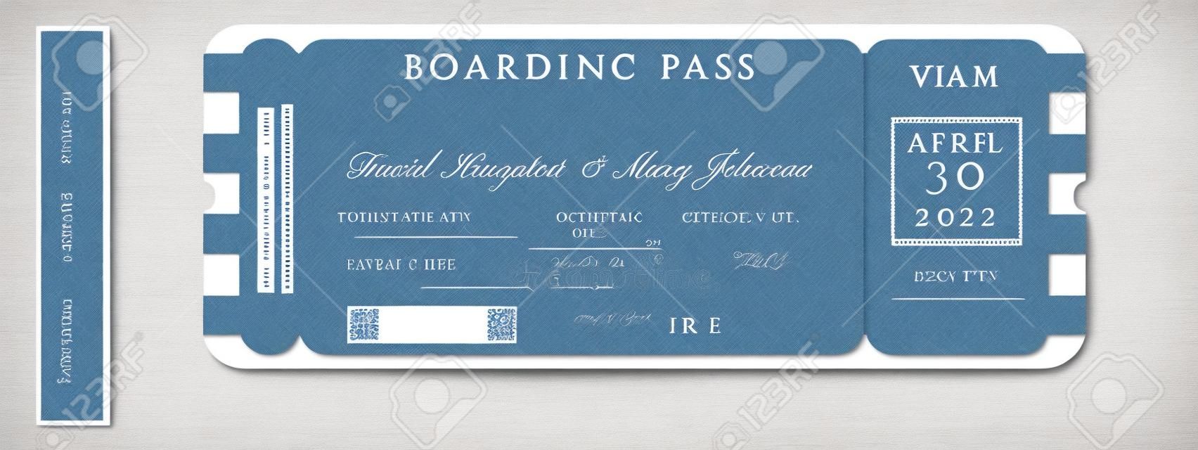 Nautische bruiloft Uitnodiging Vector Set.Boat Boarding Pass ticket sjabloon.Sailor thema in klassieke vintage stijl.Elegante zee uitnodiging kaart overlay in witte en marine blauwe kleuren. Modern luxe design.